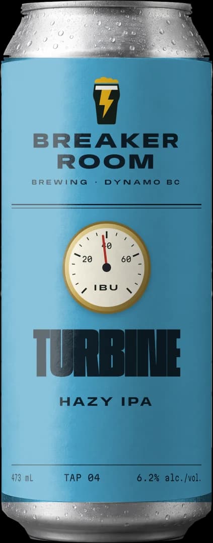 A can of Turbine Hazy standing beside the pint