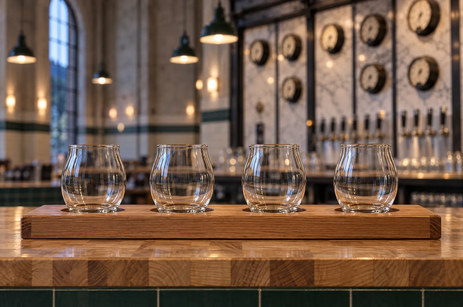 A fir flight paddle with four taster glasses on the Breaker Room bar, the marble tap wall behind
