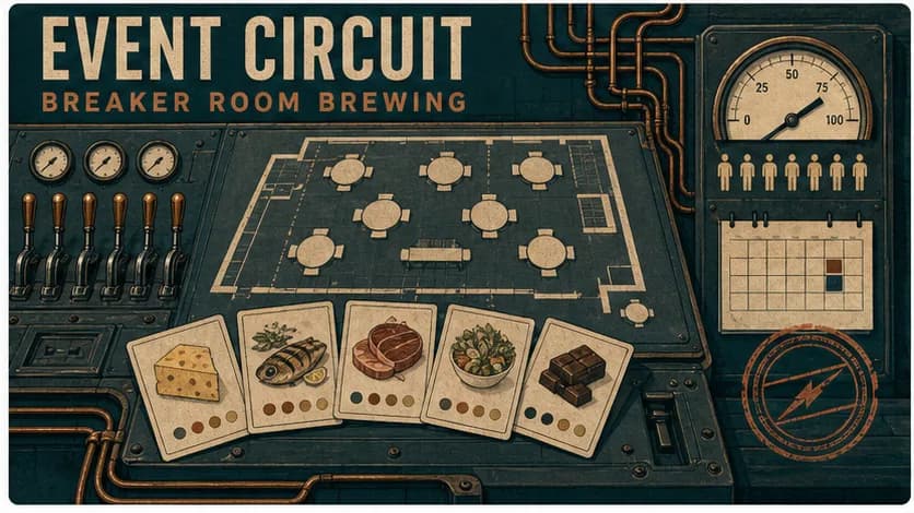 Vintage poster art of a brewery event planning switchboard with seating, food pairing, calendar, and capacity gauge