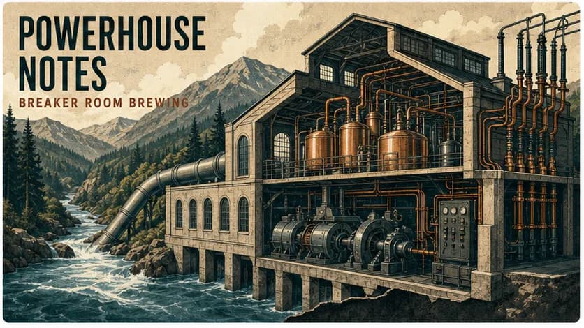 Vintage poster art cutaway of a 1920s Kootenay hydro powerhouse converted into Breaker Room Brewing
