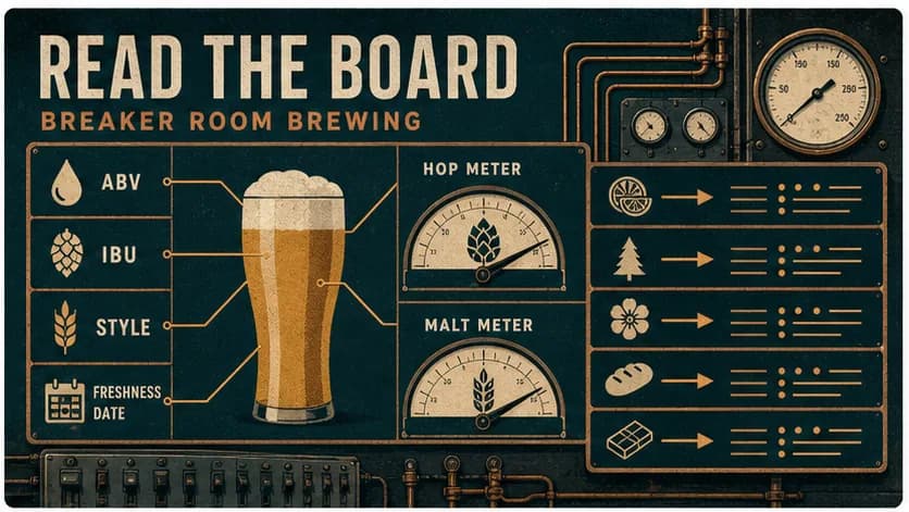 Vintage poster art of a craft beer menu diagram with ABV, IBU, freshness, hop, and malt meters