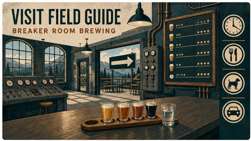 Vintage poster art of an empty Kootenay brewery taproom control room with a visit field guide board