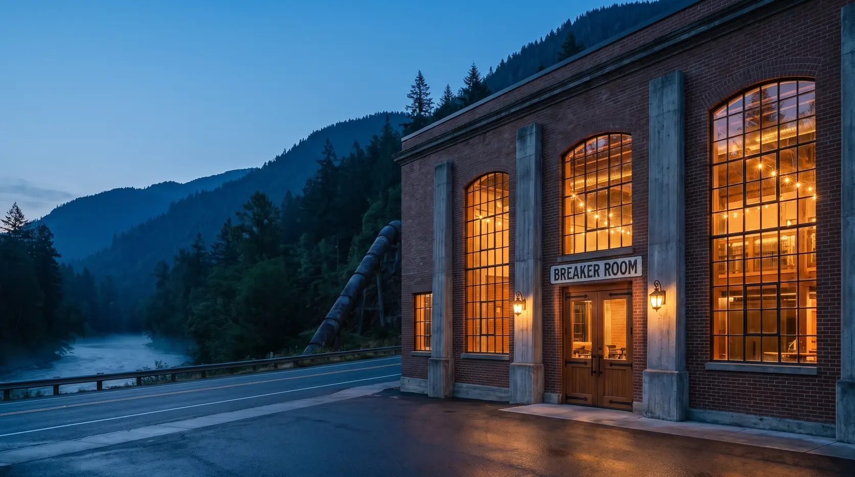 The Breaker Room powerhouse at blue-hour dusk: every arched window glowing warm, the lanterns lit beside the wooden doors, the river fading into the twilight