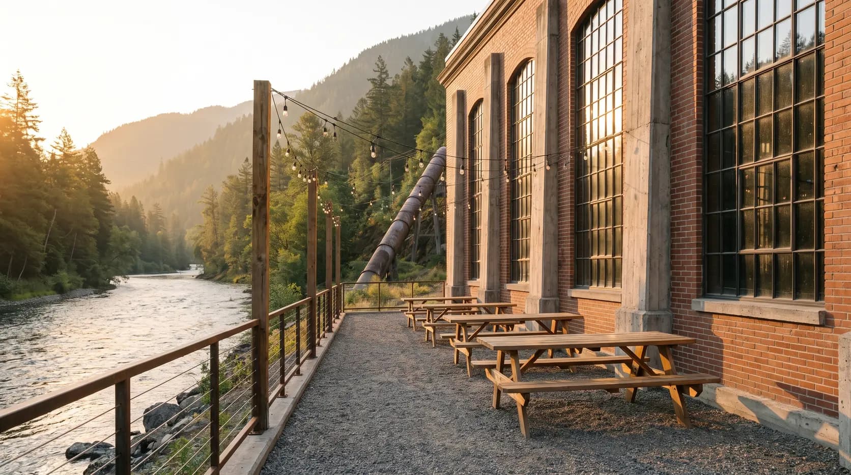 The riverside patio at Breaker Room: picnic tables and string lights between the brick wall and the river, golden evening light on the water