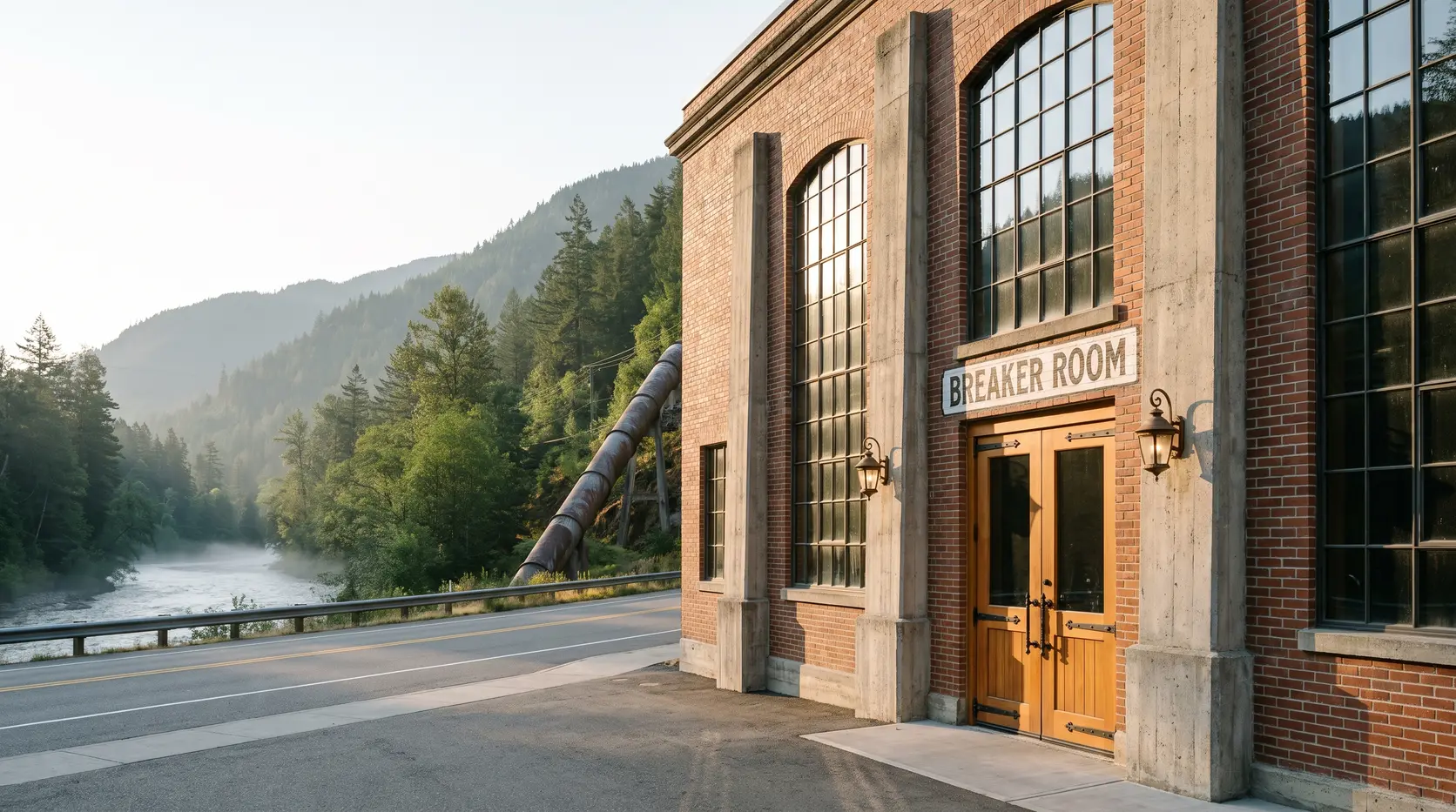 The Breaker Room powerhouse beside the highway: restored brick, tall arched windows, the BREAKER ROOM sign over the doors, and the penstock on the hillside behind
