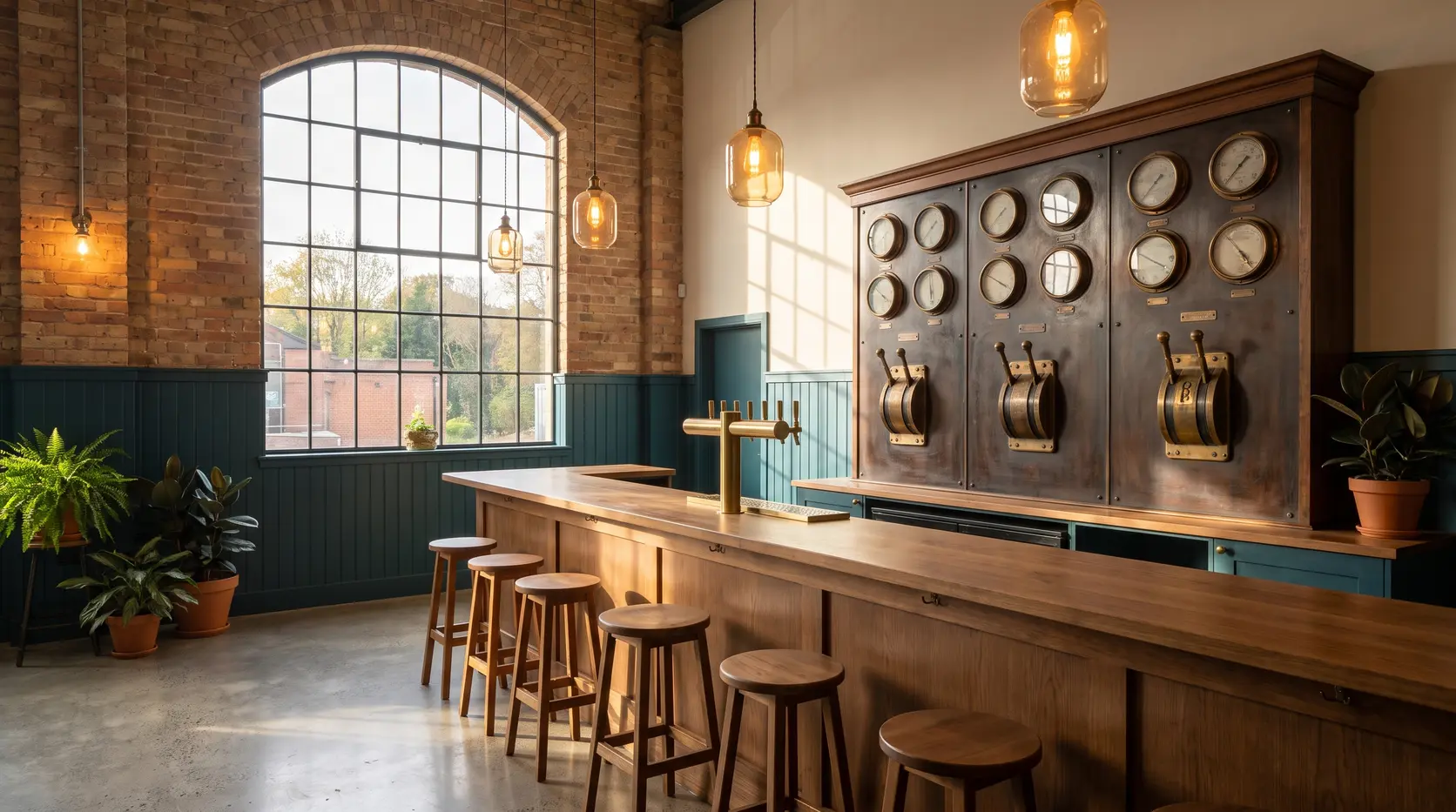 Inside the Breaker Room taproom: the wooden bar and brass taps beneath the restored heritage switchboard panel, afternoon sun through the arched window