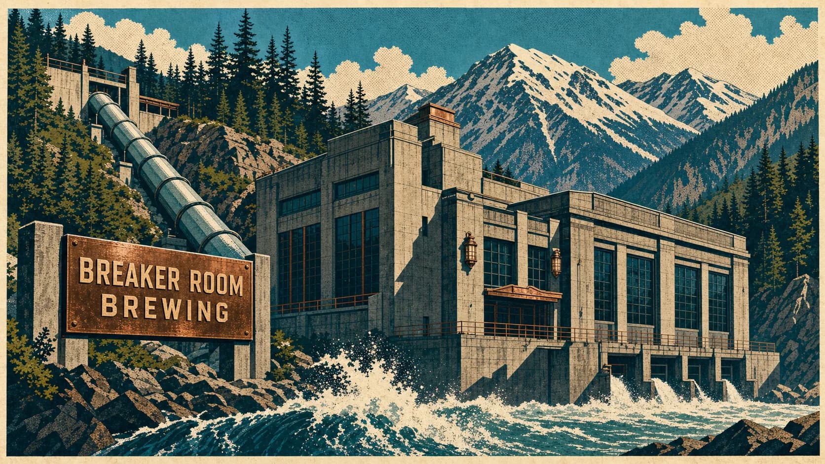 Vintage poster artwork of the Breaker Room Brewing powerhouse exterior beside a mountain river