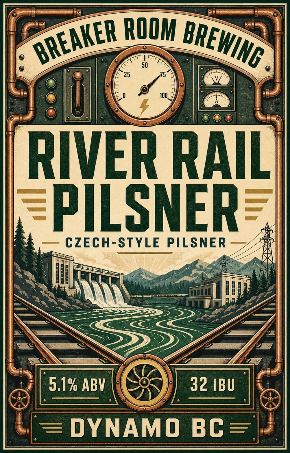 River Rail Pilsner can label artwork for Breaker Room Brewing