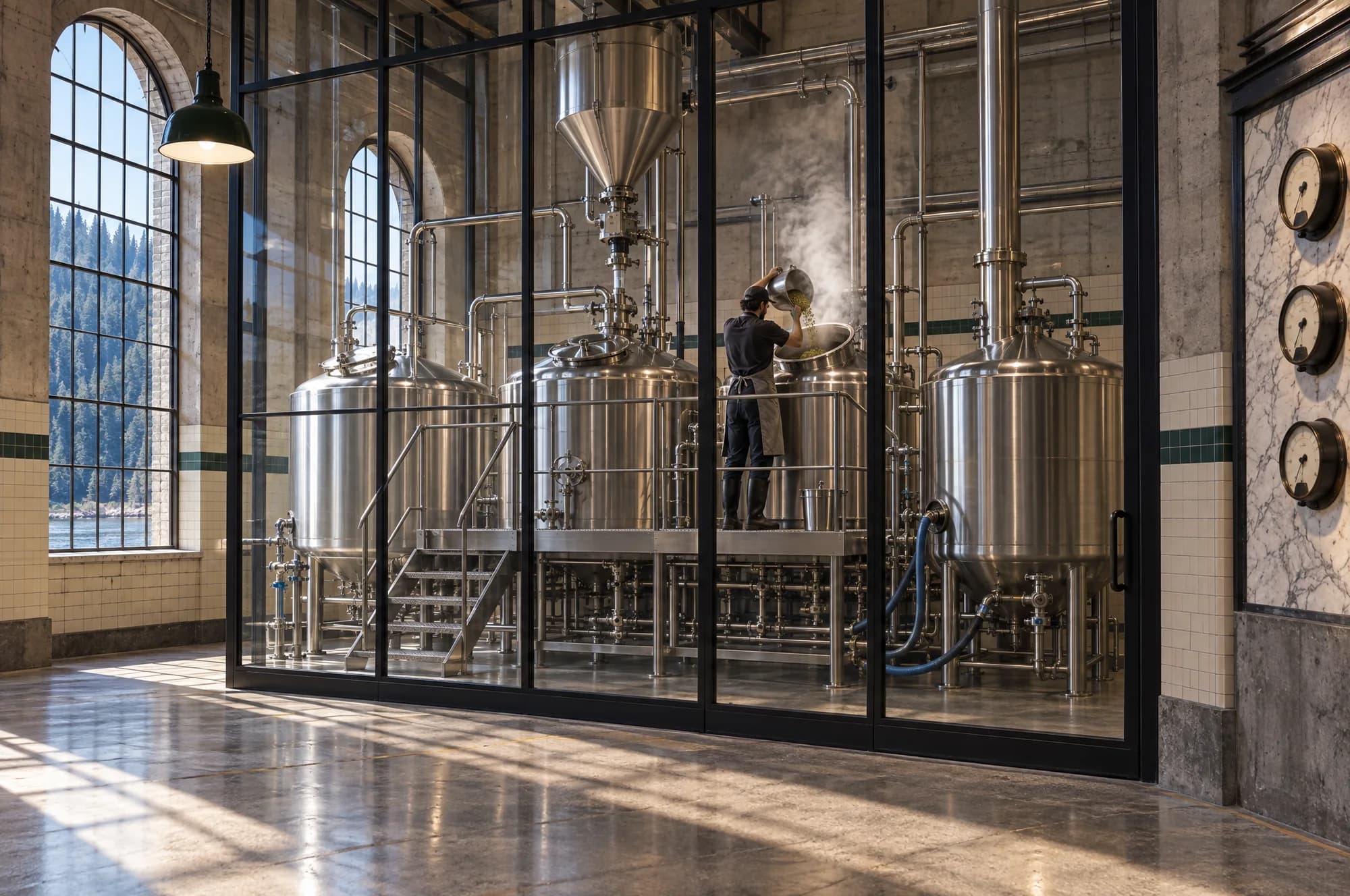 The brewhouse behind glass, a brewer adding hops to the kettle as steam rises