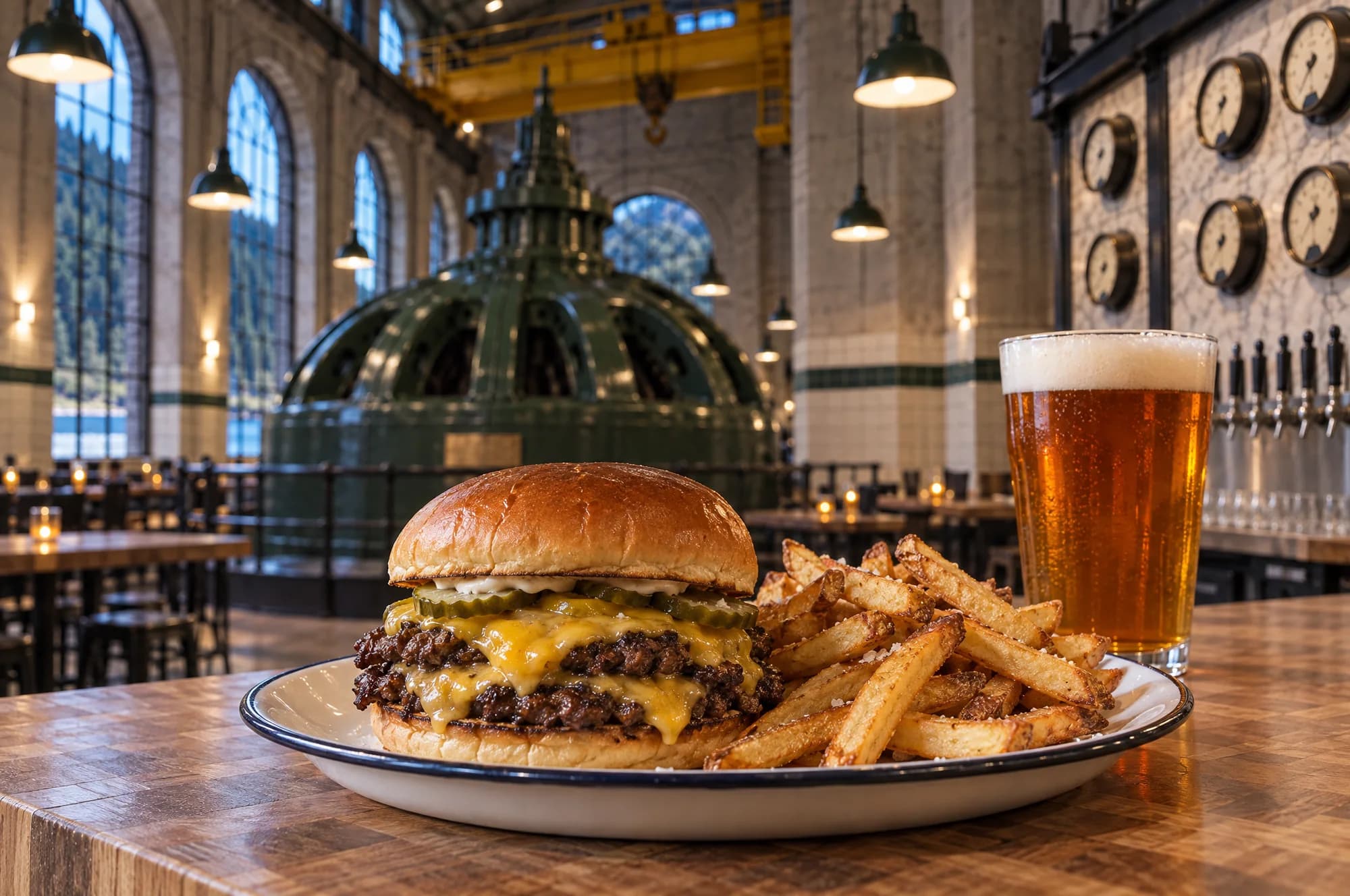 A smash burger with melted cheddar and pickles and a plate of fries on the fir bar, a pint of IPA beside it and the green generator behind