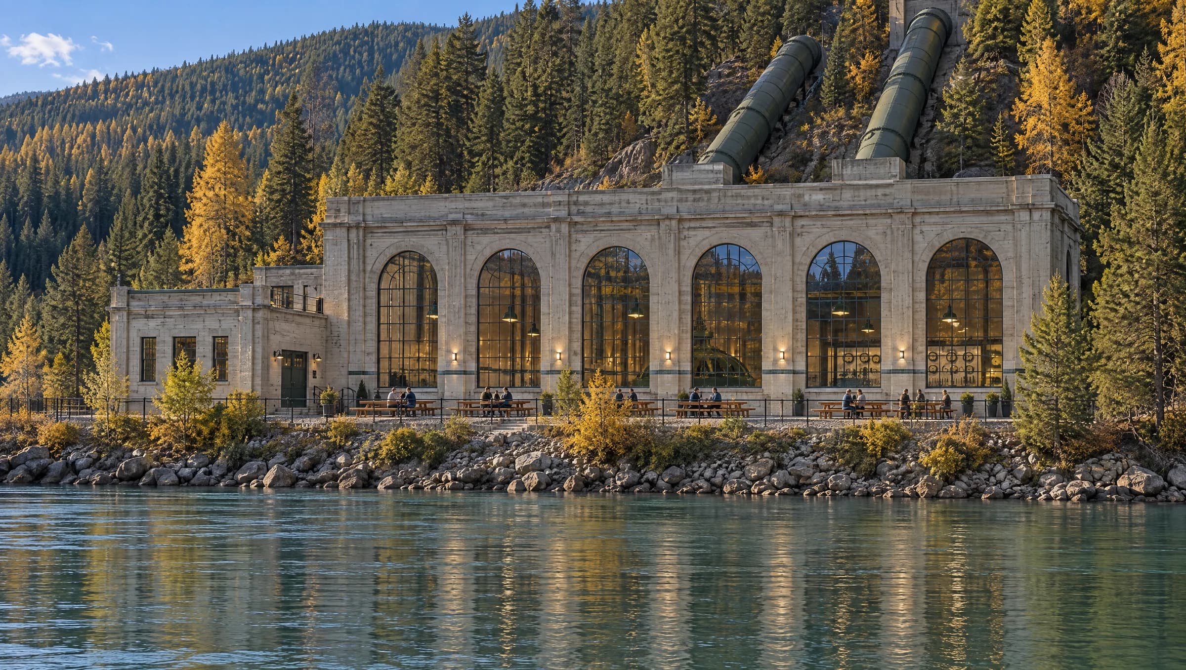 The Breaker Room powerhouse seen across the Kootenay River in October: pale board-formed concrete, six tall arched windows facing the water, and gold larch on the hillside behind