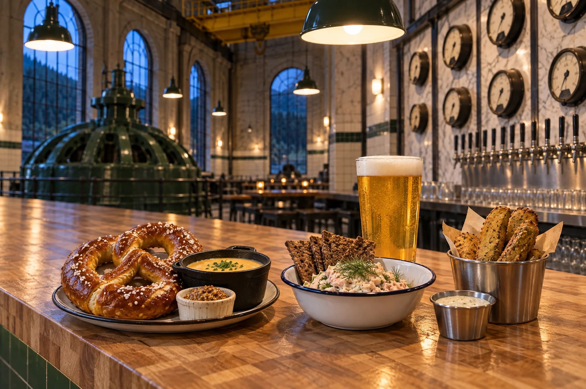 A hall pretzel with beer cheese, a bowl of smoked trout dip with rye crackers and a cup of fried pickles on the fir bar, next to a pint of lager, the generator and the tap wall behind