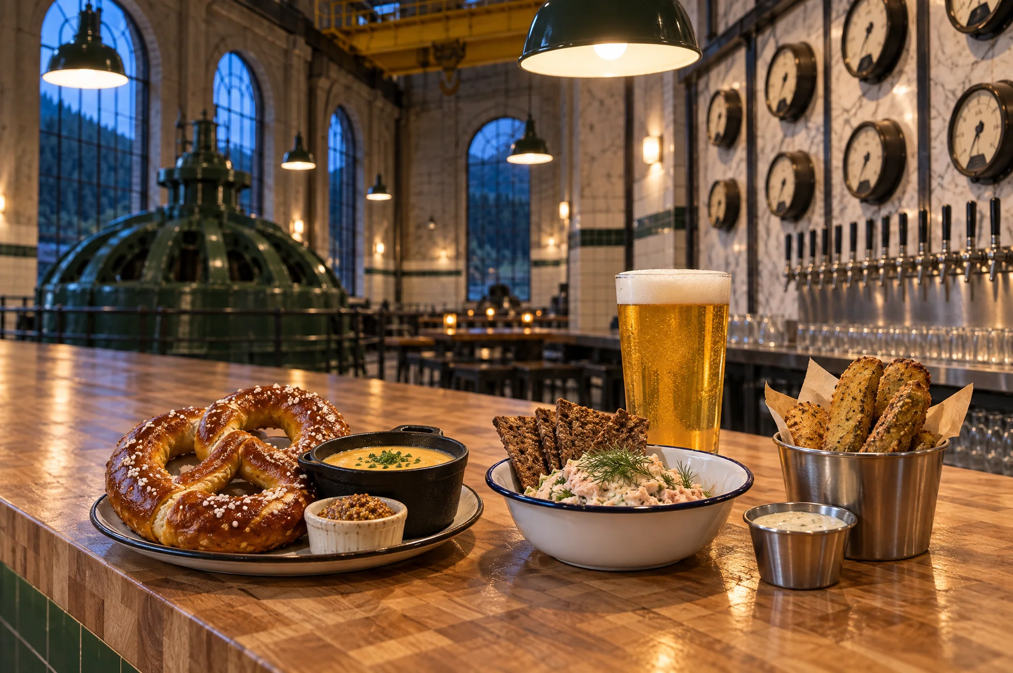 A hall pretzel with beer cheese, smoked trout dip with rye crackers and fried pickles on the fir bar, with a pint of lager