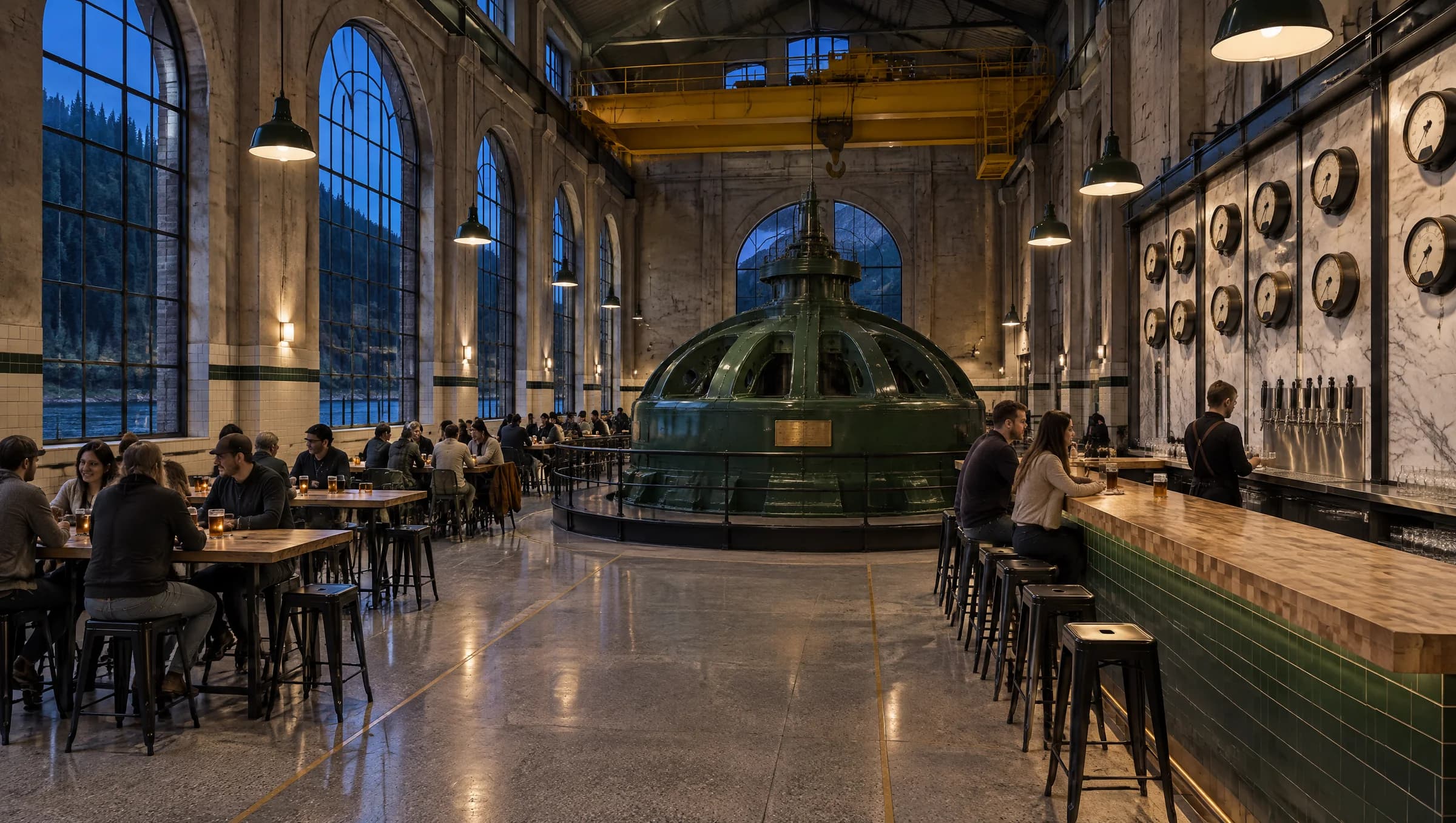 The Breaker Room taproom at dusk: the old machine hall with its green generator in the middle, long fir tables, the yellow gantry crane overhead and the marble tap wall along the bar