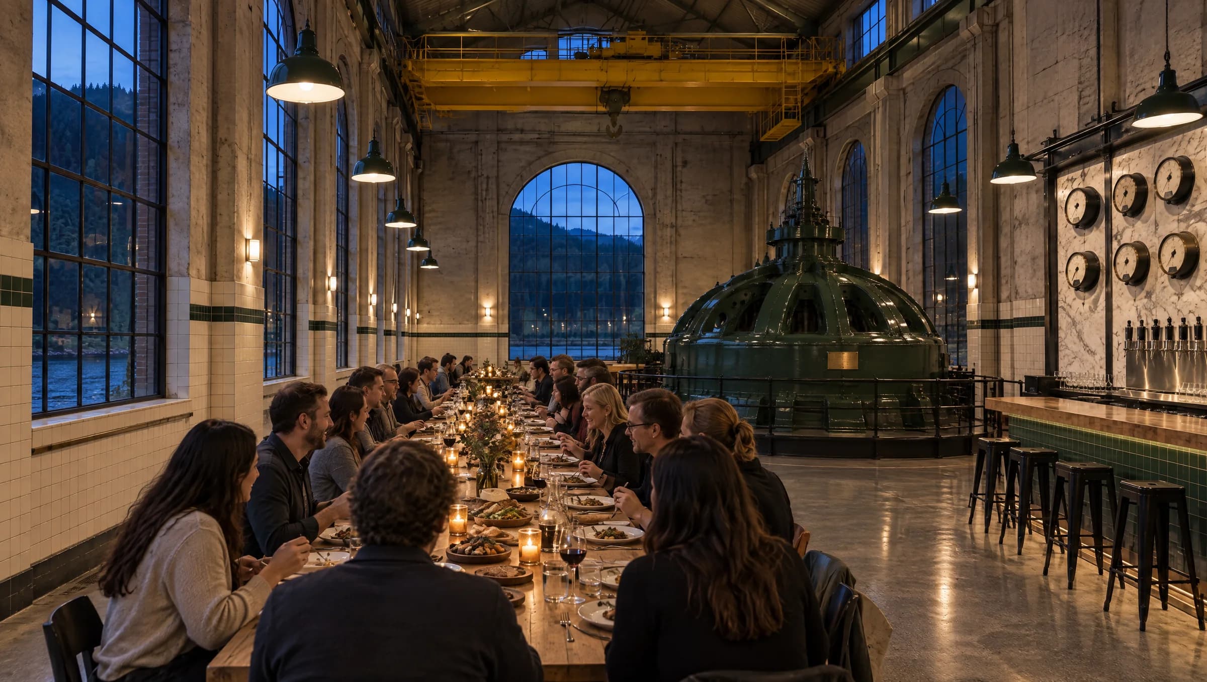 A long table for two dozen under the gantry crane, set for a private dinner