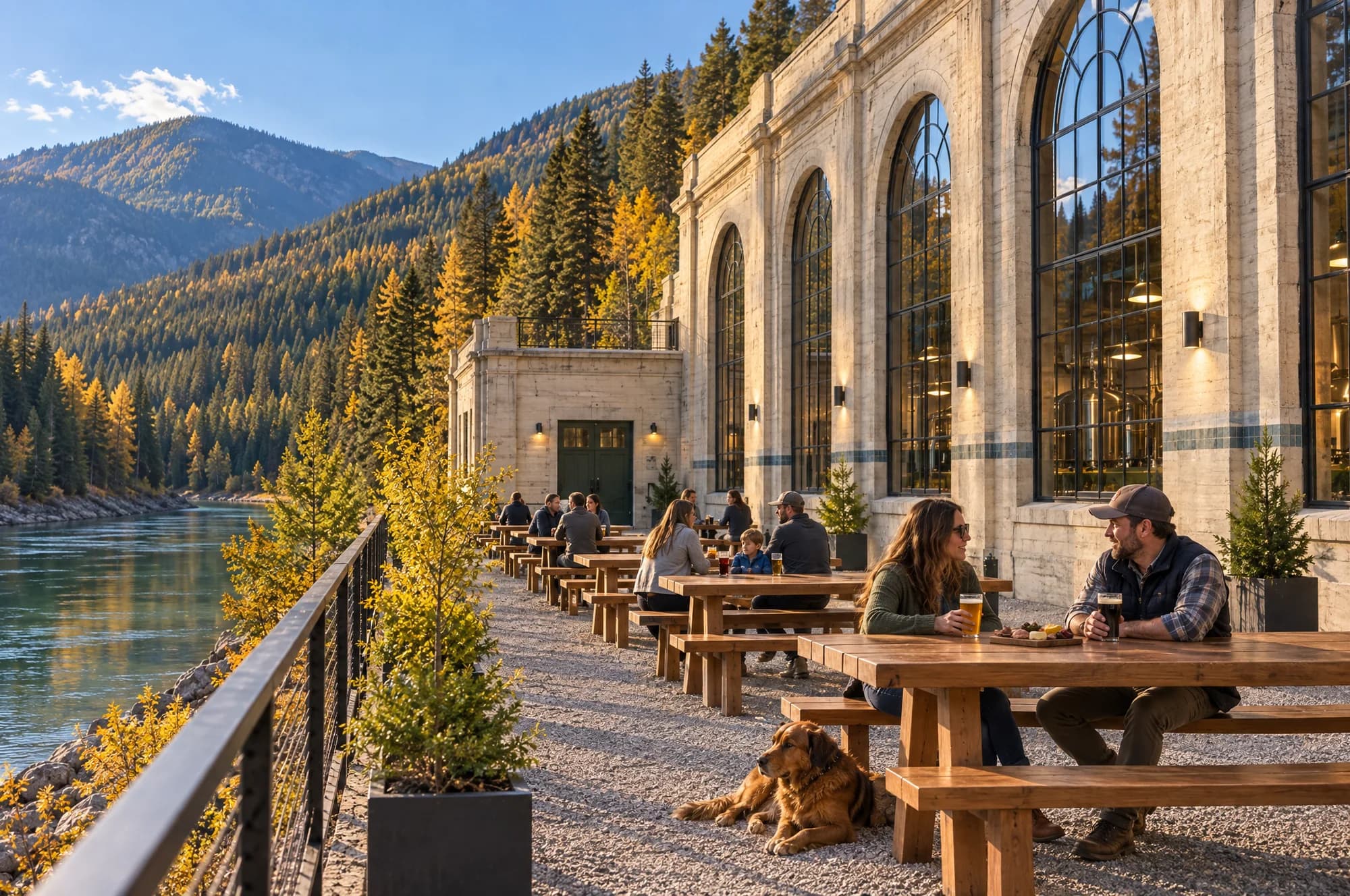 The riverside patio on an autumn afternoon: a couple with pints at a fir table, their dog lying on the gravel underneath, a family at the next table, the river and gold larch hills beyond the railing