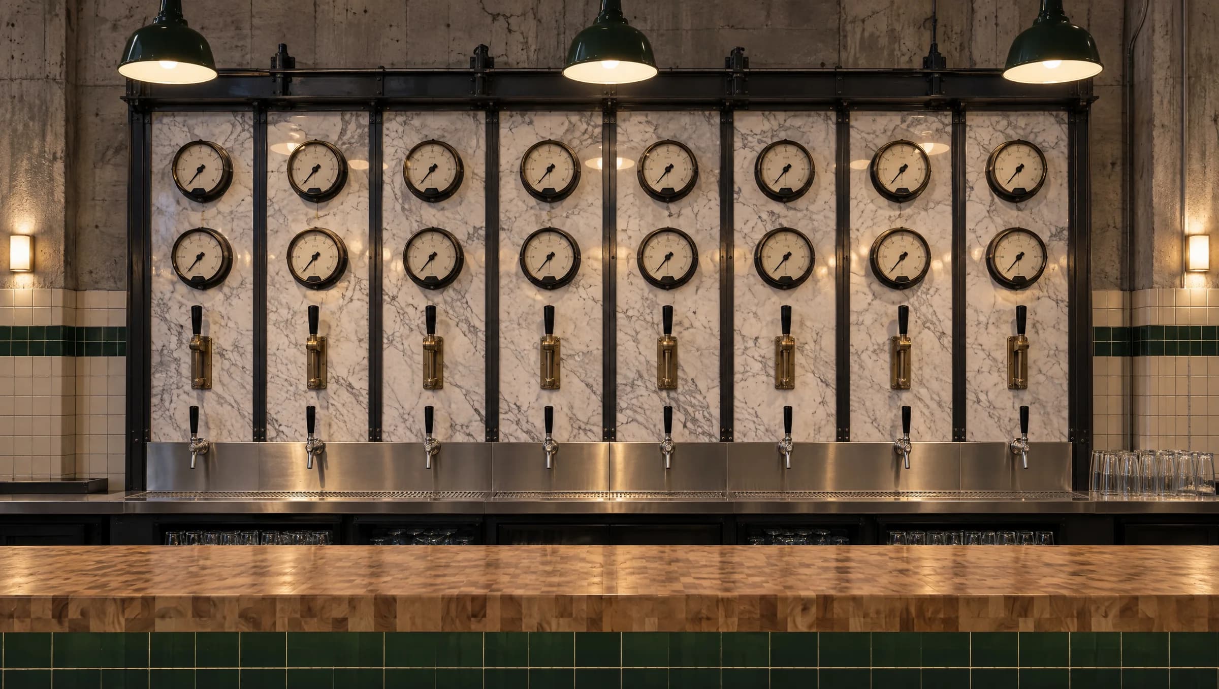 The tap wall behind the Breaker Room bar: the 1923 white marble switchboard, eight panels with two brass meters each and one faucet under each panel