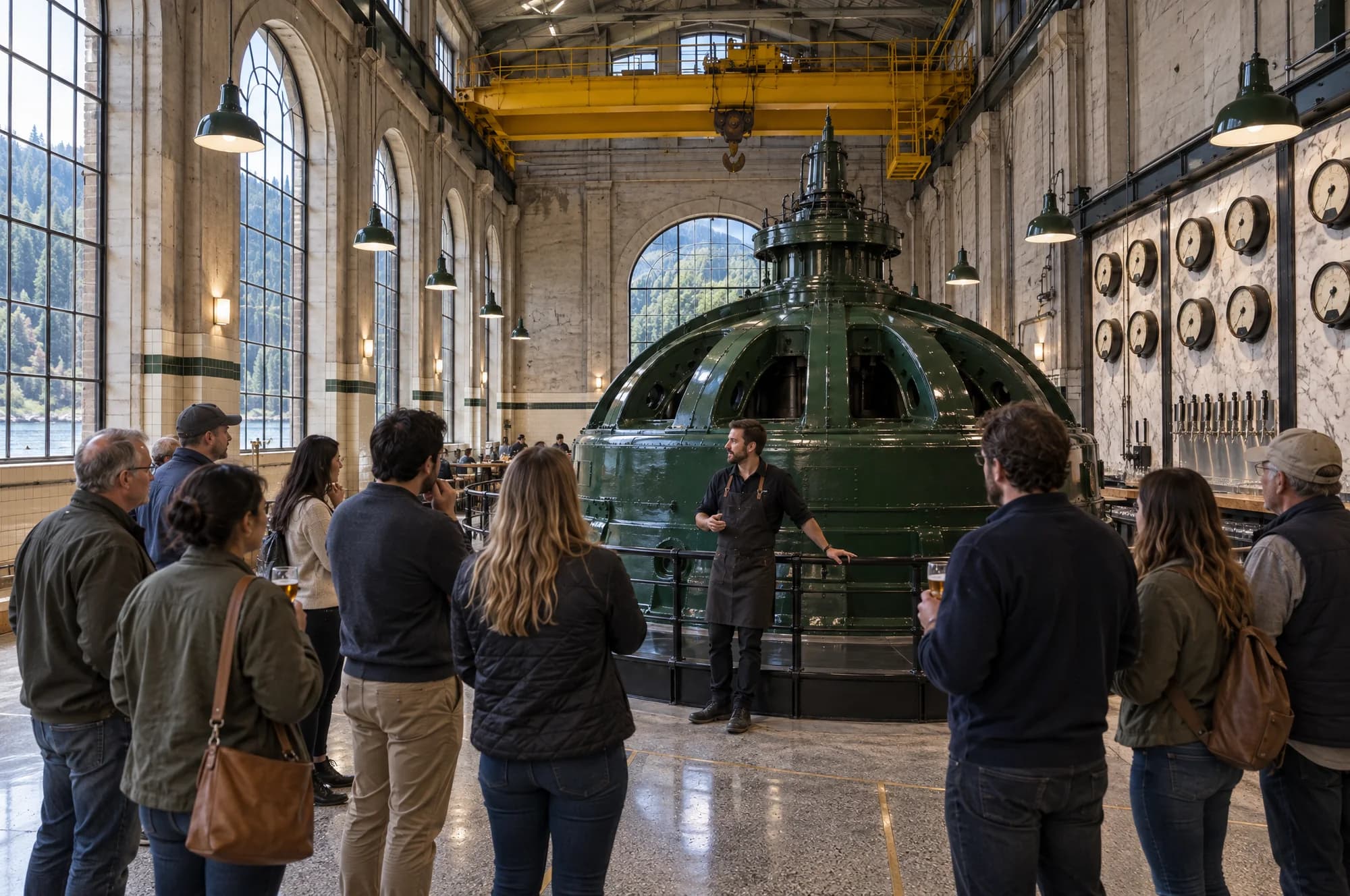 A guide at the generator railing talking to a tour group