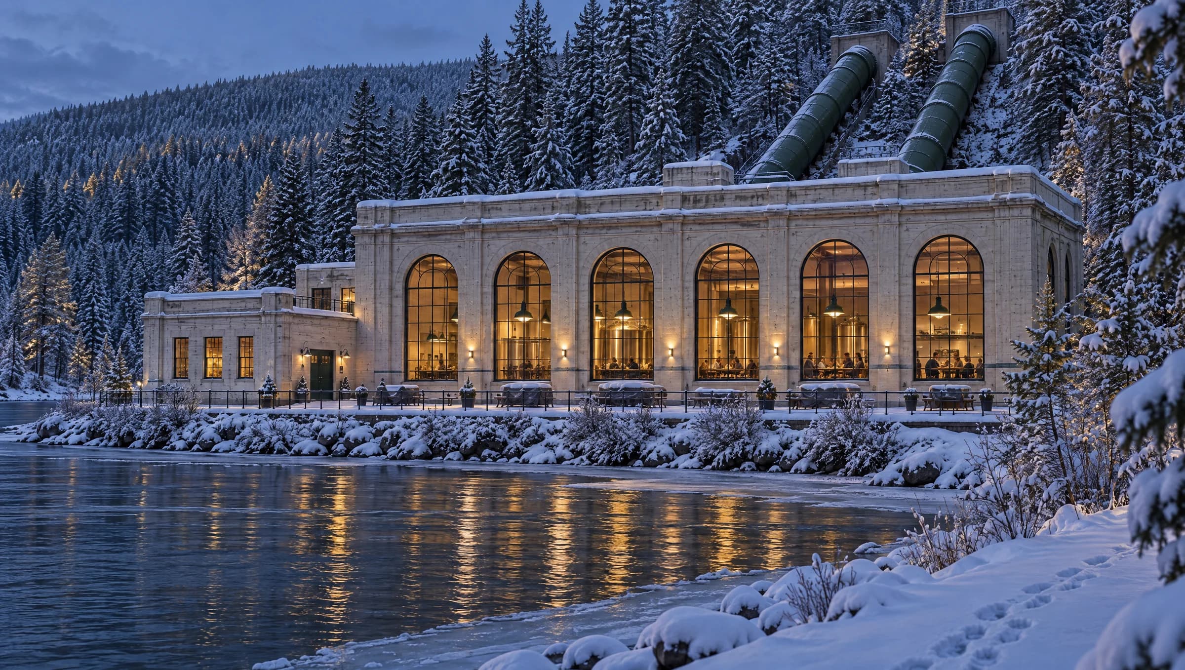 The Breaker Room powerhouse in snow at night, seen from the riverbank, its tall arched windows lit